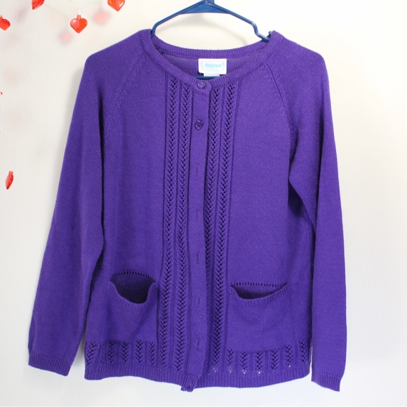 Vintage 80s purple knit cardigan button up with pockets women’s size medium - Picture 5 of 6